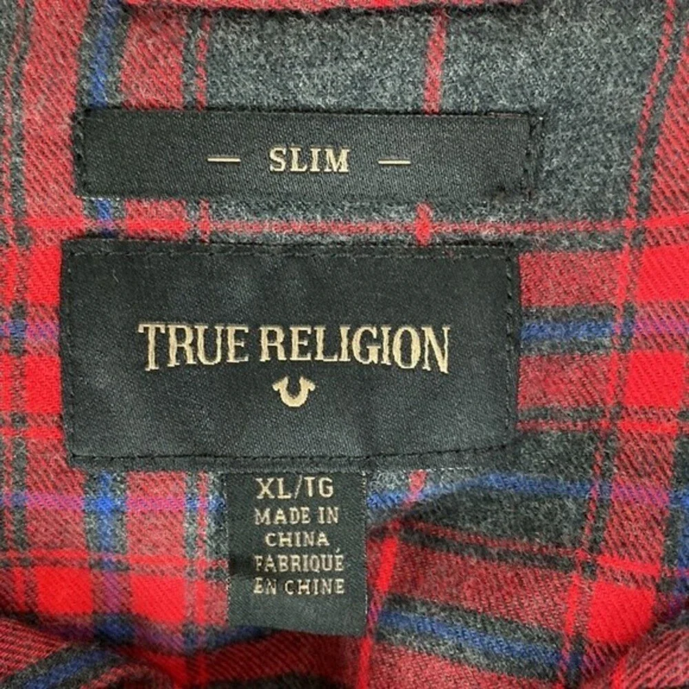 True Religion Grey & Red Western Plaid Gingham Long Sleeve Button Up Shirt XL